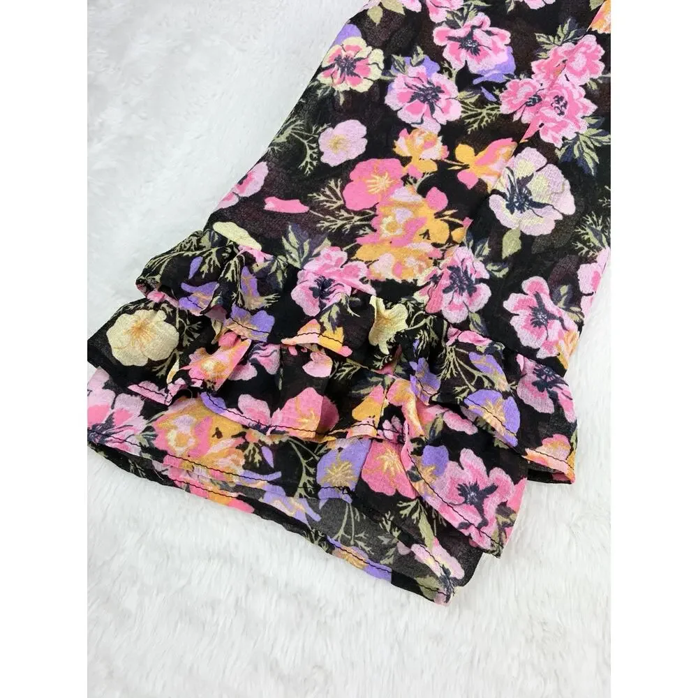 Free People Floral Blouse Womens Small Black Pink Sheer Ruffle Tie Front Boho